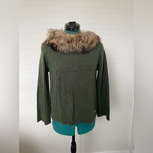 Carolina Herrera Khaki Sweater with Raccoon Fur Collar